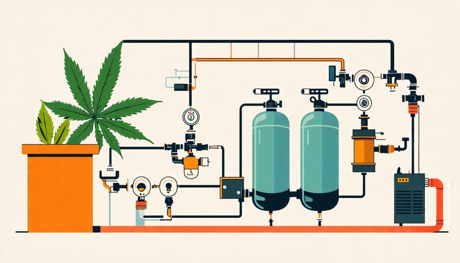 Diagram illustrating the components of a cannabis plumbing system used in THCA production