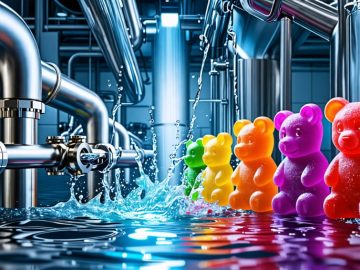 Conceptual illustration depicting stainless steel pipes, valves, and filtration units merging with the shape of THCA gummy bears, symbolizing the integration of advanced plumbing in THCA production.