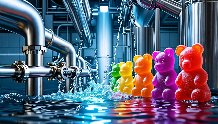 Conceptual illustration depicting stainless steel pipes, valves, and filtration units merging with the shape of THCA gummy bears, symbolizing the integration of advanced plumbing in THCA production.