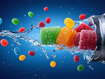 Conceptual illustration of freeze-dried candies expanding within a plumbing pipe, representing potential clogs.