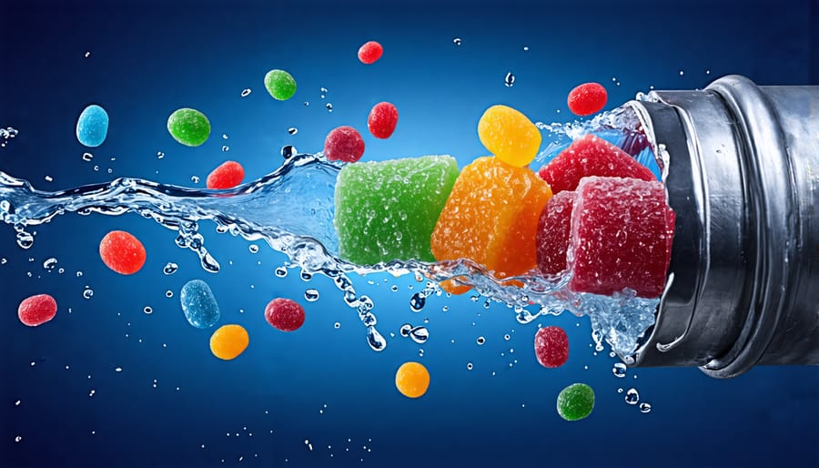 Conceptual illustration of freeze-dried candies expanding within a plumbing pipe, representing potential clogs.