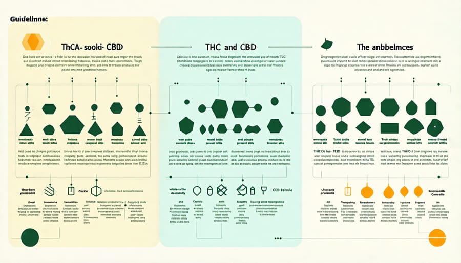 Chart comparing the properties and effects of THCA, THC, and CBD