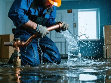 Plumber kneeling in a flooded basement turning the main water valve as a burst copper pipe sprays water, with cool reflections on the wet floor and a blurred water heater and electrical panel in the background.