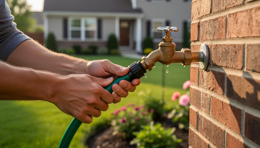 Person connecting irrigation tubing to outdoor faucet with backflow preventer
