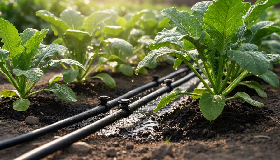 Close-up of drip irrigation emitters watering vegetable plants with water droplets visible on soil