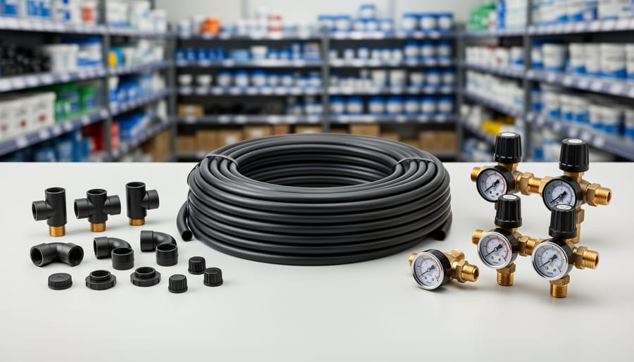 Collection of garden irrigation materials including tubing, PVC pipes, and brass fittings on workbench