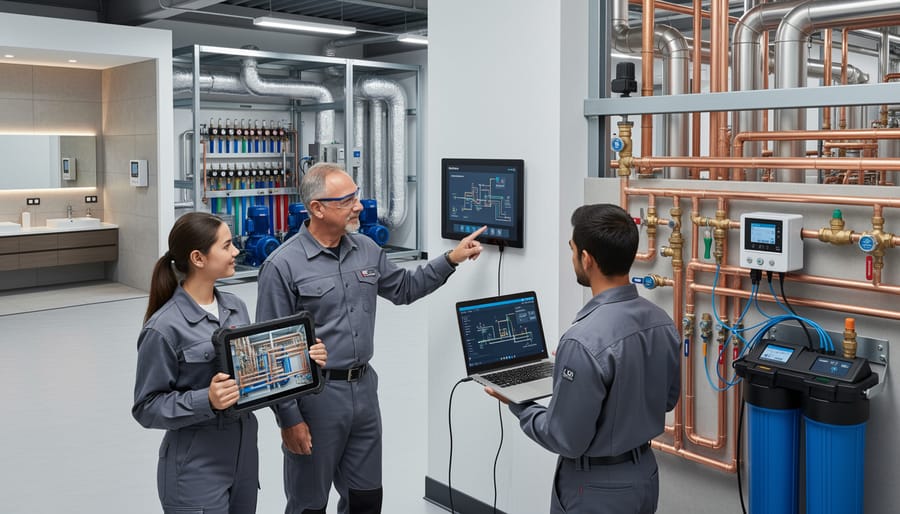 Plumber using modern digital inspection camera and smartphone technology