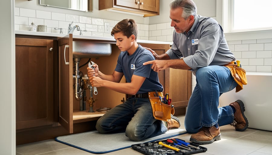 Apprentice plumber learning from experienced master plumber in commercial setting