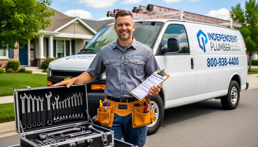 Independent plumber standing beside professional service van with tools