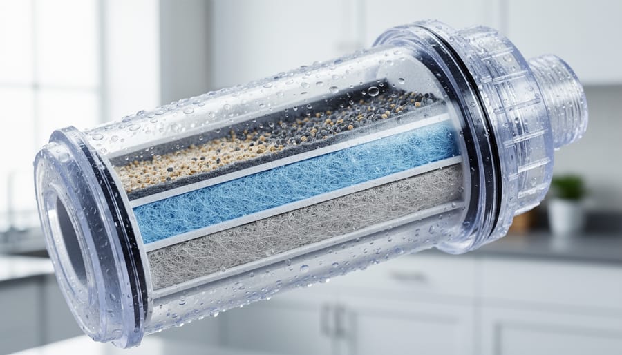 Close-up of a pleated water filtration cartridge showing trapped particles and cartridge texture