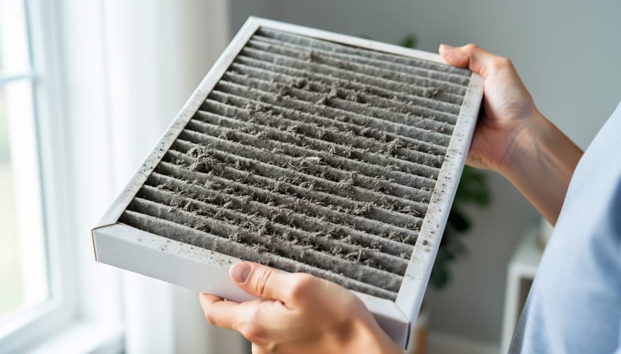 Gloved hands holding a dirty HVAC air filter near an air return vent