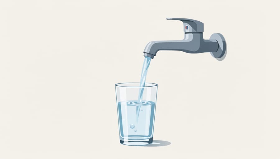 Water flowing from a kitchen faucet into a clear glass with bright, clean highlights