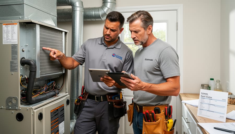 Homeowner standing next to a central AC air handler while an HVAC technician checks the system