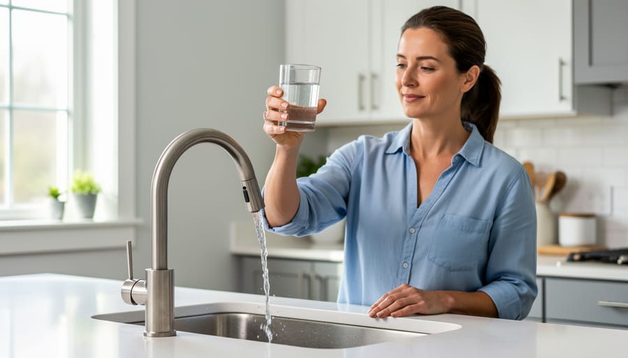 Homeowner holding a glass of clear water at a kitchen sink