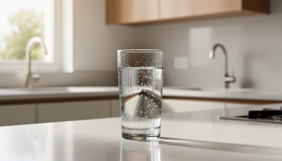Homeowner holding a glass of clear water in a kitchen with faucet and sink softly in the background