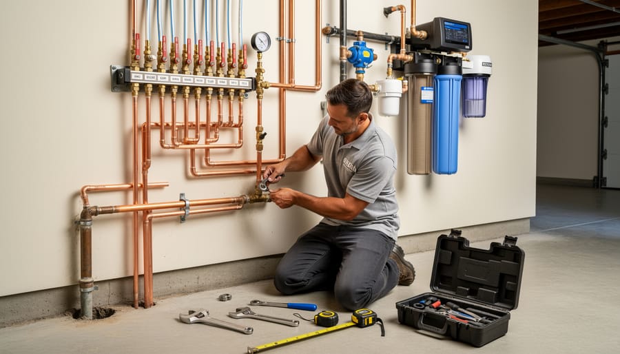 Plumber kneeling in a utility closet with wall-mounted whole-home water filtration units near residential plumbing