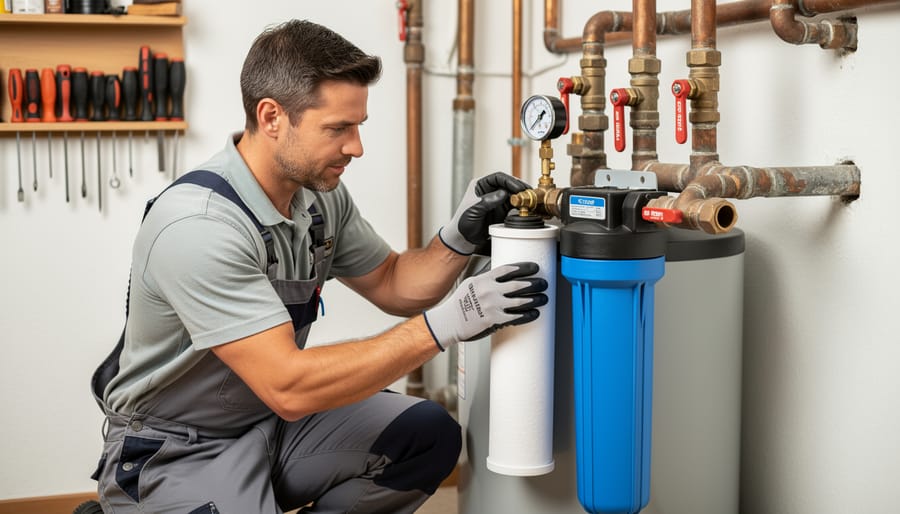Technician installing a replacement filter cartridge in a residential well water filtration system