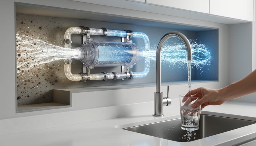 Close-up of water flowing through clear plumbing with filtration hardware nearby