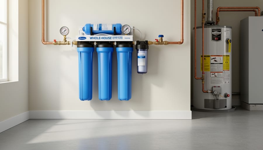 Whole-house well water filtration system hardware in a residential utility area