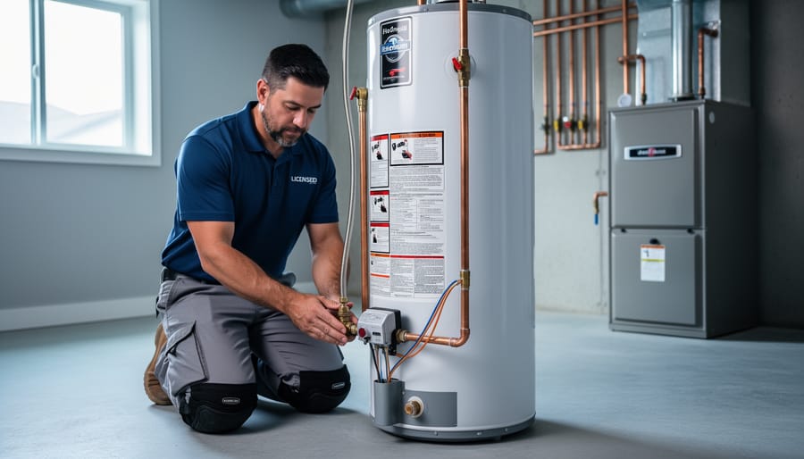 “Plumber installing a tank water heater in a Calgary basement utility room with visible shutoff valve and water connections.”