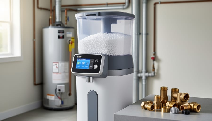 Modern water softener unit in a home utility area with salt pellets and plumbing fittings visible.