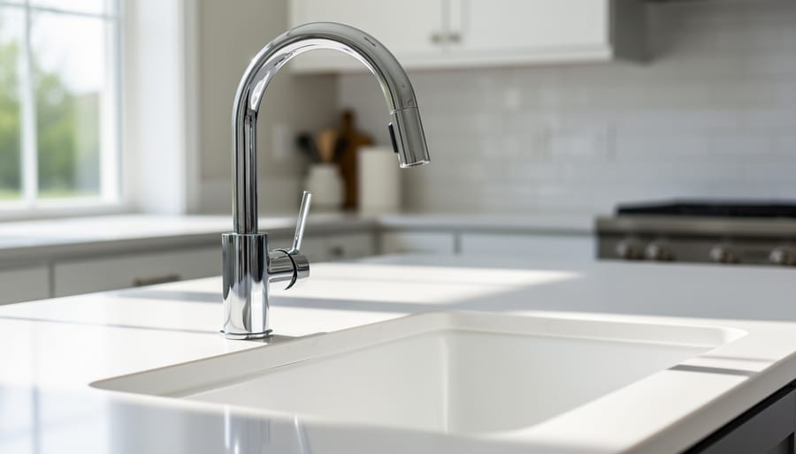 Clean chrome bathroom faucet with clear water and no visible limescale buildup