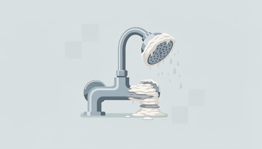 Close-up of chalky mineral scale on a showerhead indicating hard water buildup.