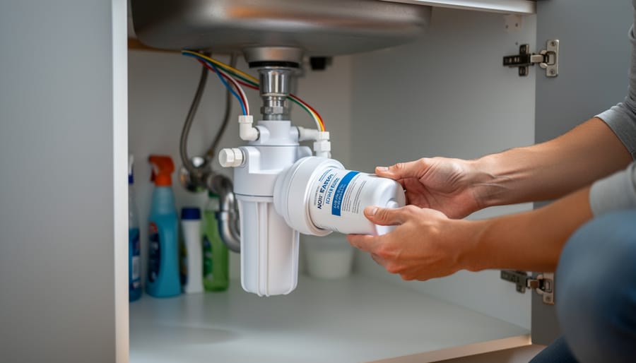 Close-up of hands holding a replacement under-sink water filter cartridge near a kitchen sink area.