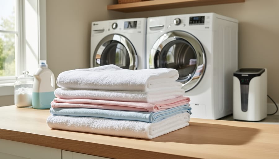 Freshly washed laundry looking clean and bright in a home setting with a washing machine.
