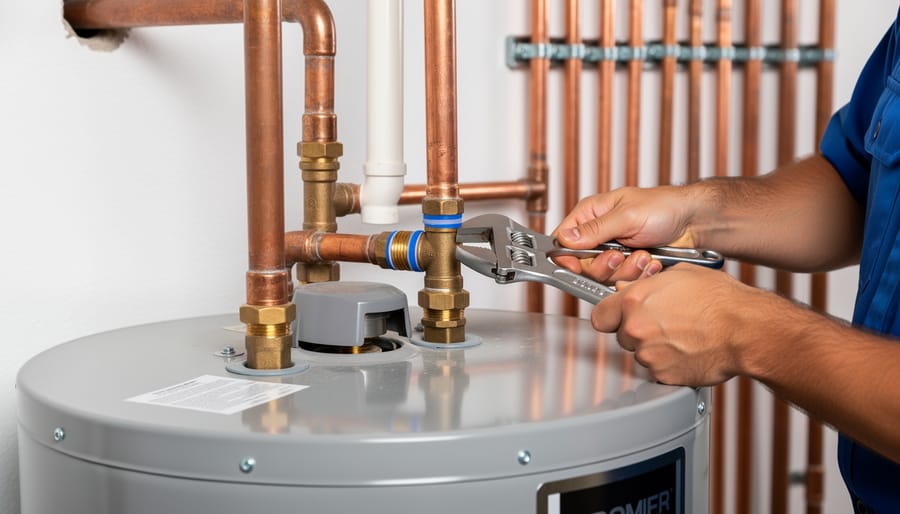 Gloved hands tightening water heater plumbing connections with a wrench