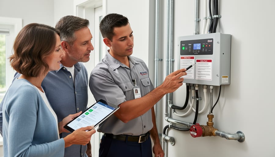 Homeowner and plumber inspecting a newly installed water heater in a utility room