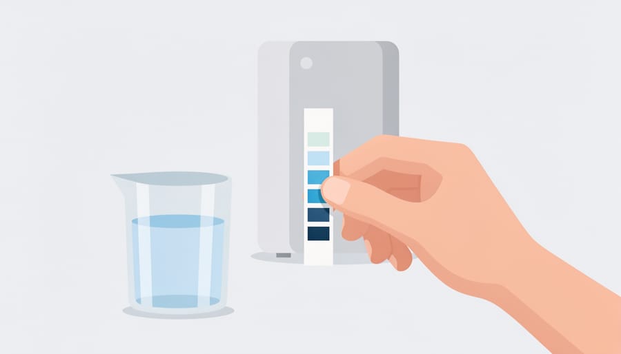 Homeowner holding a water hardness test strip over a kitchen sink