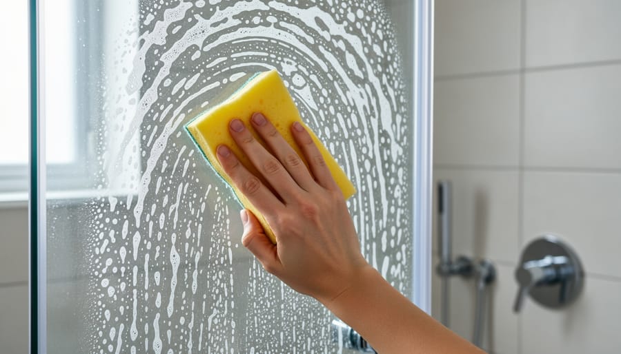 Homeowner washing a ceramic mug at a kitchen sink, showing visible residue from hard water.