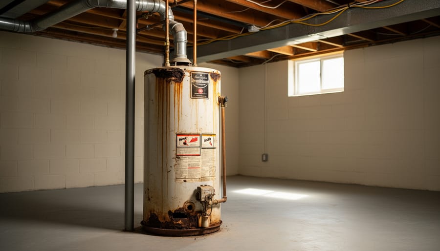 Rust-streaked residential water heater in a basement utility room