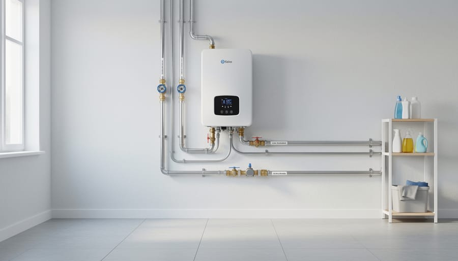 Salt-free water conditioner unit installed in a home utility room next to copper plumbing