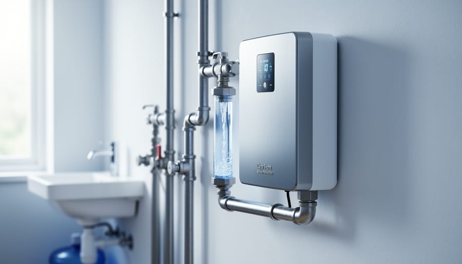 Salt-free water conditioner unit connected to clean indoor plumbing pipes in a bright utility room.