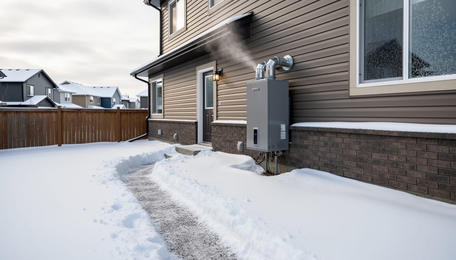Snowy residential exterior showing utility venting and service access in winter