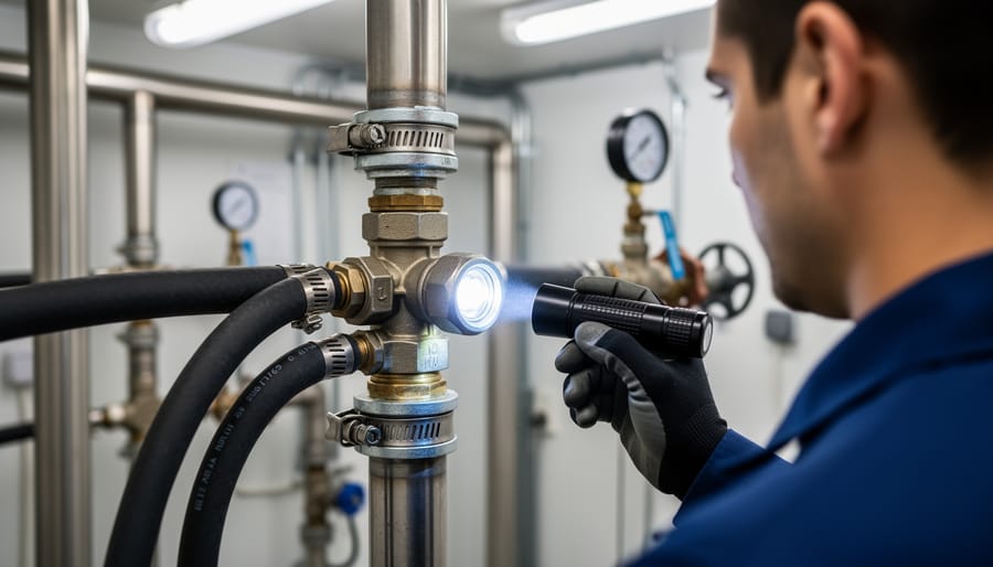 Under-sink cabinet connection inspection with a flashlight pointed at water filter tubing and fittings.