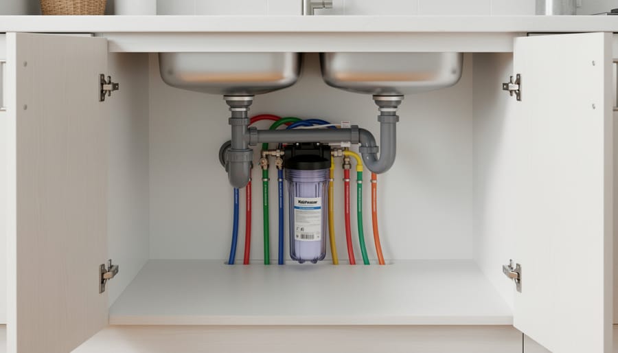 Under-sink cabinet with an installed water filter housing and tubing connected to the cold water line.