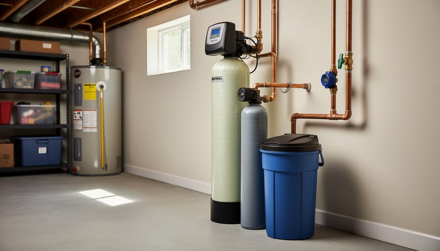 Water softener installed in a home utility closet with visible plumbing connections.