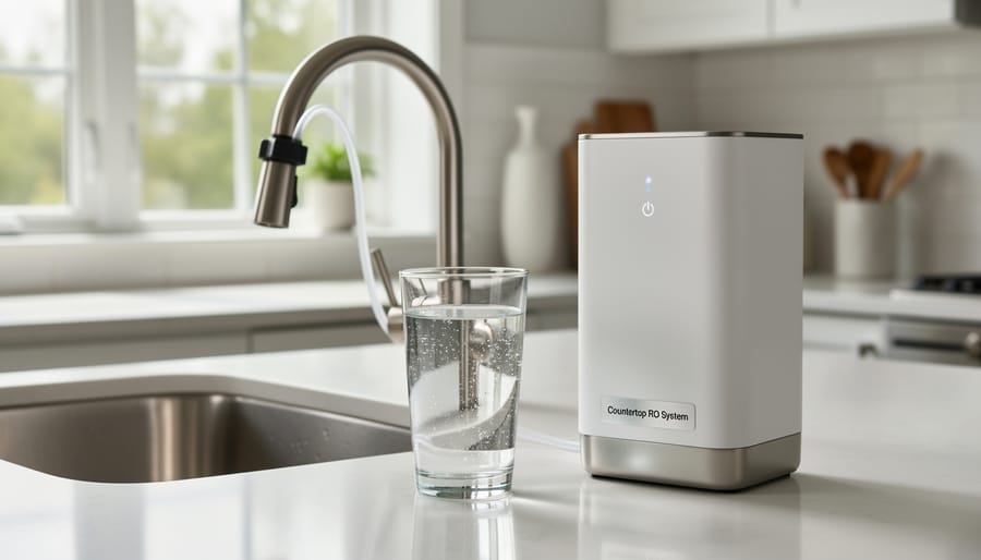 Countertop reverse osmosis water dispenser filling a glass near a kitchen sink.