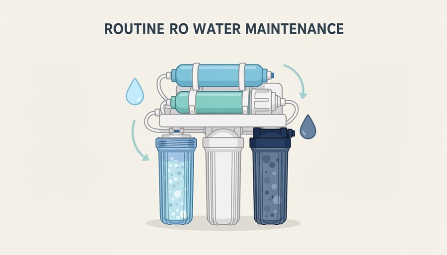 Hands installing a replacement reverse osmosis filter cartridge into an under-sink unit.
