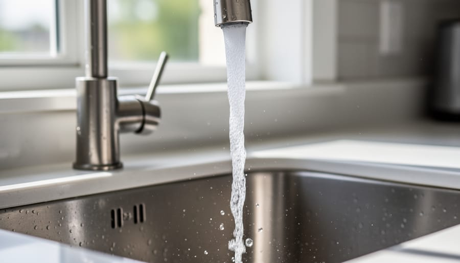 A homeowner pouring clear water from a kitchen faucet into a glass.