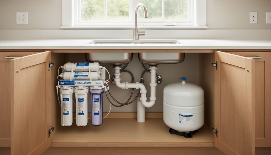 Under-sink reverse osmosis filtration system with visible filter housings and tubing inside a kitchen cabinet.