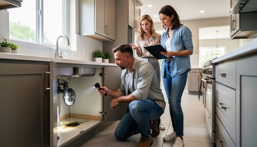 Buyers inspecting a basement near a sump pump while holding clipboards