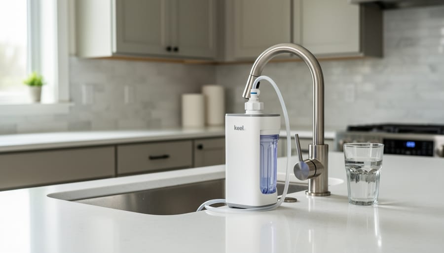 Countertop water filter system with tubing and a glass of clear water on a kitchen counter