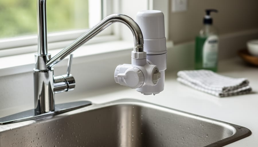 Close-up of faucet-mounted water filter installation with adapter being attached