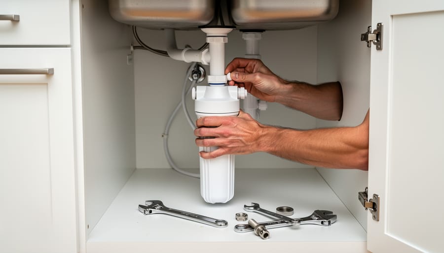 Gloved hands tightening a water filter connection under a kitchen sink