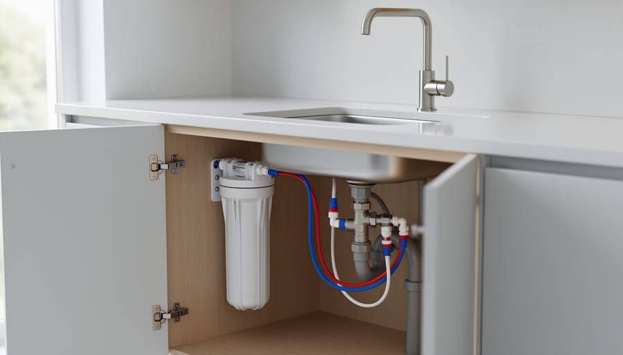 “Under-sink water filter system showing the filter canister, push-to-connect tubing, and shutoff valve beneath a kitchen sink.”