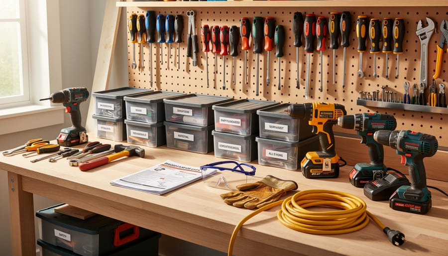 Assorted DIY plumbing tools neatly arranged on a workbench